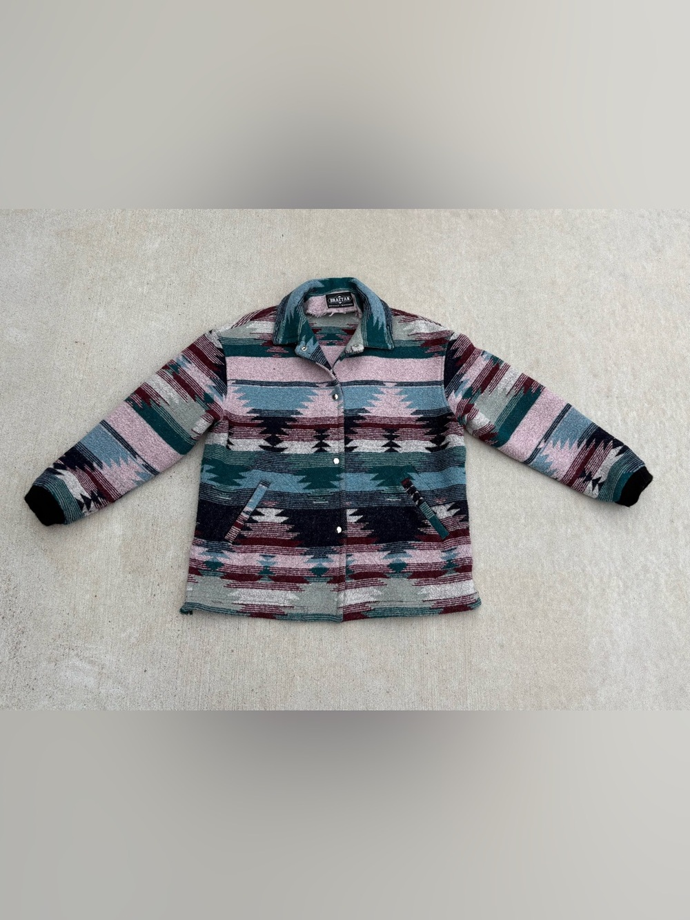Vintage Braetan Aztec-Pattern Snap Jacket in Teal, Pink & Burgundy